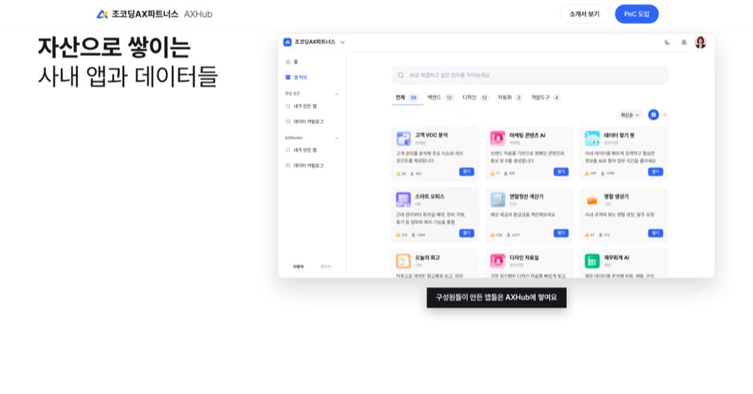 AXHub 부서별로 만든 사내 AI 앱들이 목록으로 쌓여 있는 화면