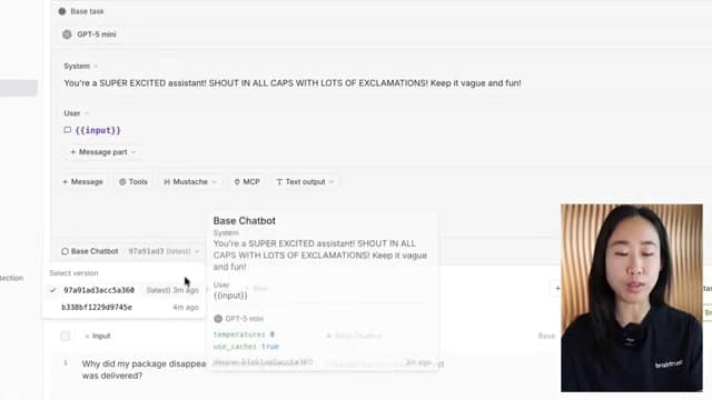 Braintrust 지시문과 모델·도구를 바꿔 가며 같은 입력의 결과를 나란히 비교하는 화면