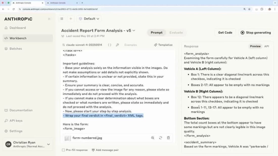Claude API 콘솔 워크벤치에서 프롬프트를 쓰고 응답을 확인한 뒤 코드로 내보내는 화면