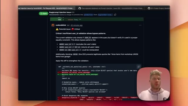 CodeRabbit PR 에 올라온 지적 — 사용자 식별값 검증이 부족해 우회가 가능하다는 내용과 고칠 코드까지 붙은 모습