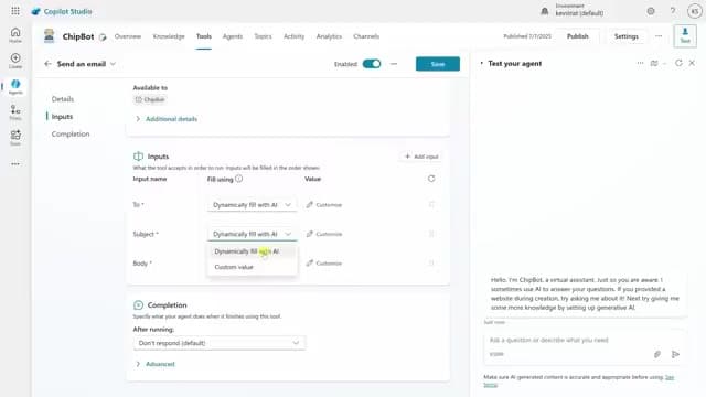 Copilot Studio 에이전트가 보낼 메일의 입력값을 짜고 오른쪽에서 바로 시험해 보는 화면