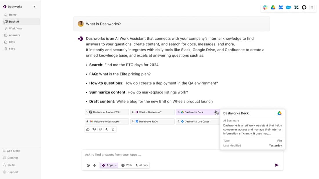 Dashworks 사내 자료를 검색해 답과 근거를 함께 보여주는 화면