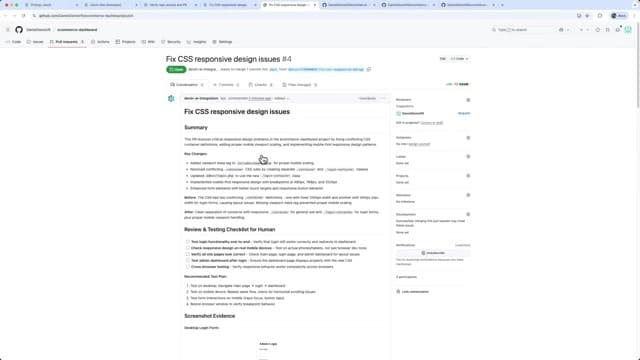 Devin 작업 결과를 PR 로 올리고 변경 요약·사람이 확인할 검토 목록·근거 화면까지 붙인 모습