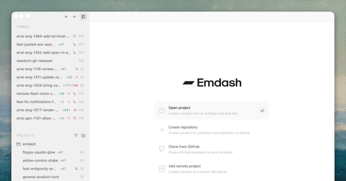 Emdash 프로젝트를 열고 에이전트 작업을 시작하는 화면
