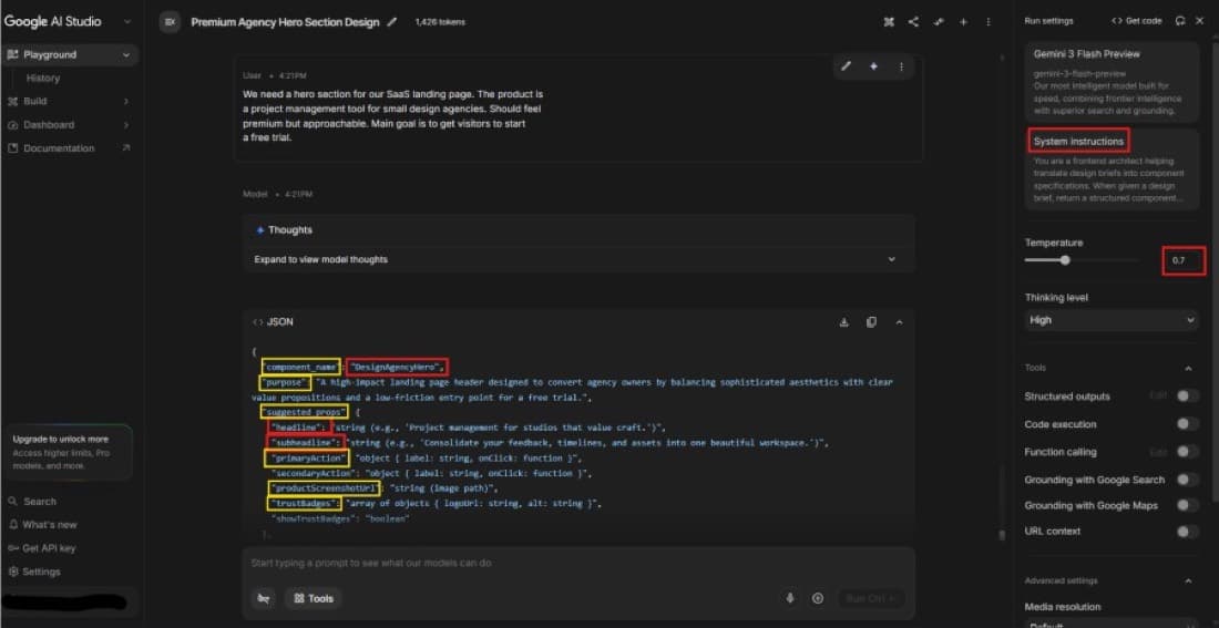 Gemini API AI Studio에서 시스템 지시·프롬프트·JSON 구조화 출력과 실행 설정을 한 화면에서 조정하는 모습