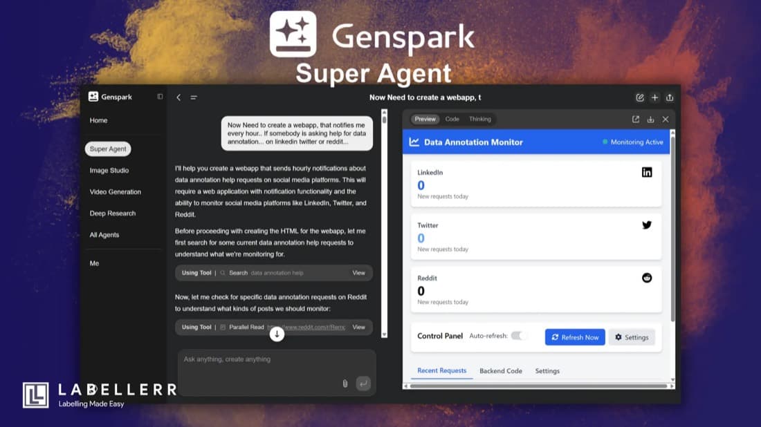 Genspark 에이전트가 코드를 쓰는 동안 완성 중인 화면을 옆에서 미리 보는 모습