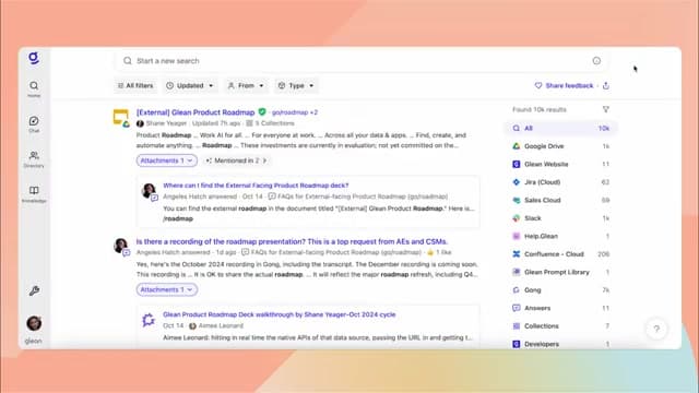 Glean 한 번 검색에 드라이브·Jira·Slack·Confluence 결과가 출처별 건수와 함께 묶여 나오는 화면