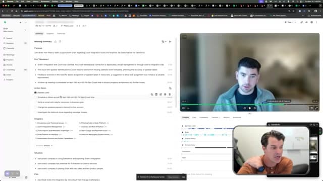 Grain 통화 녹화 옆에 자동 정리된 회의 노트와 참석자를 나란히 두고 되짚는 화면