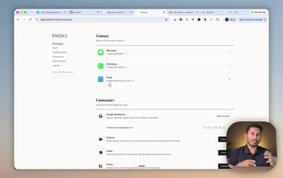 Instinct Instinct 웹 작업 공간에서 문자·WhatsApp·이메일 연락 창구와 Google Workspace·Outlook·Linear·Notion 연결을 관리하는 화면