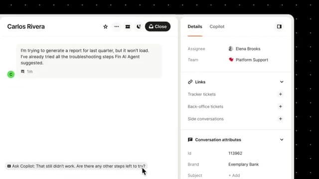 Intercom Fin Fin 이 답하다 막힌 문의를 상담원이 넘겨받아 코파일럿에게 다시 묻는 화면