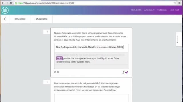 Lilt 원문과 번역문을 문장 단위로 짝지어 놓고 번역가가 고쳐 가며 진행률을 쌓는 작업 화면