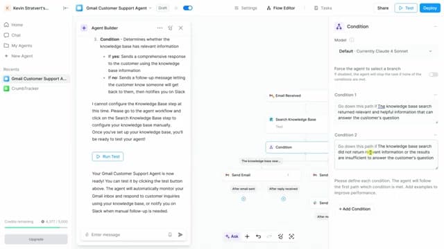 Lindy 조건과 분기를 이어 붙여 에이전트가 할 일을 짜 맞추는 작성 화면