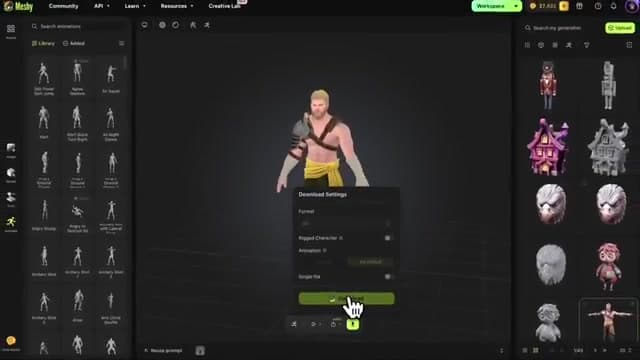 Meshy 생성한 3D 모델에 동작을 입히고 형식·리깅·애니메이션을 골라 내려받는 작업 화면