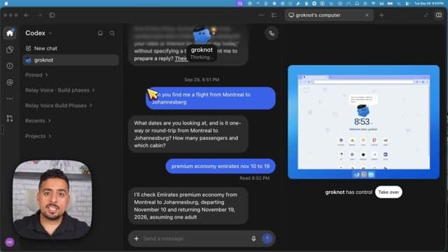 OpenAI Dots Dot에게 항공권 검색을 맡기자 대화 옆에 Dot 전용 클라우드 컴퓨터 화면이 열리고, 필요하면 사람이 넘겨받을 수 있는 화면