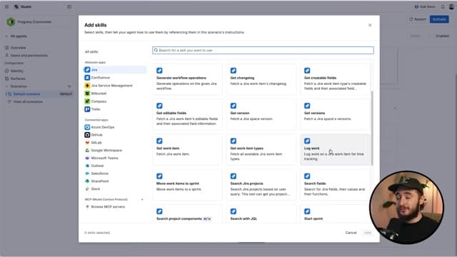 Atlassian Rovo Rovo 에이전트에 어떤 작업 능력을 붙일지 목록에서 골라 넣는 화면