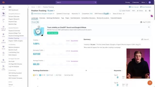 Semrush AI Toolkit 기존 순위 추적 화면에 ChatGPT 검색과 구글 AI 모드 노출을 얹어 함께 보는 모습