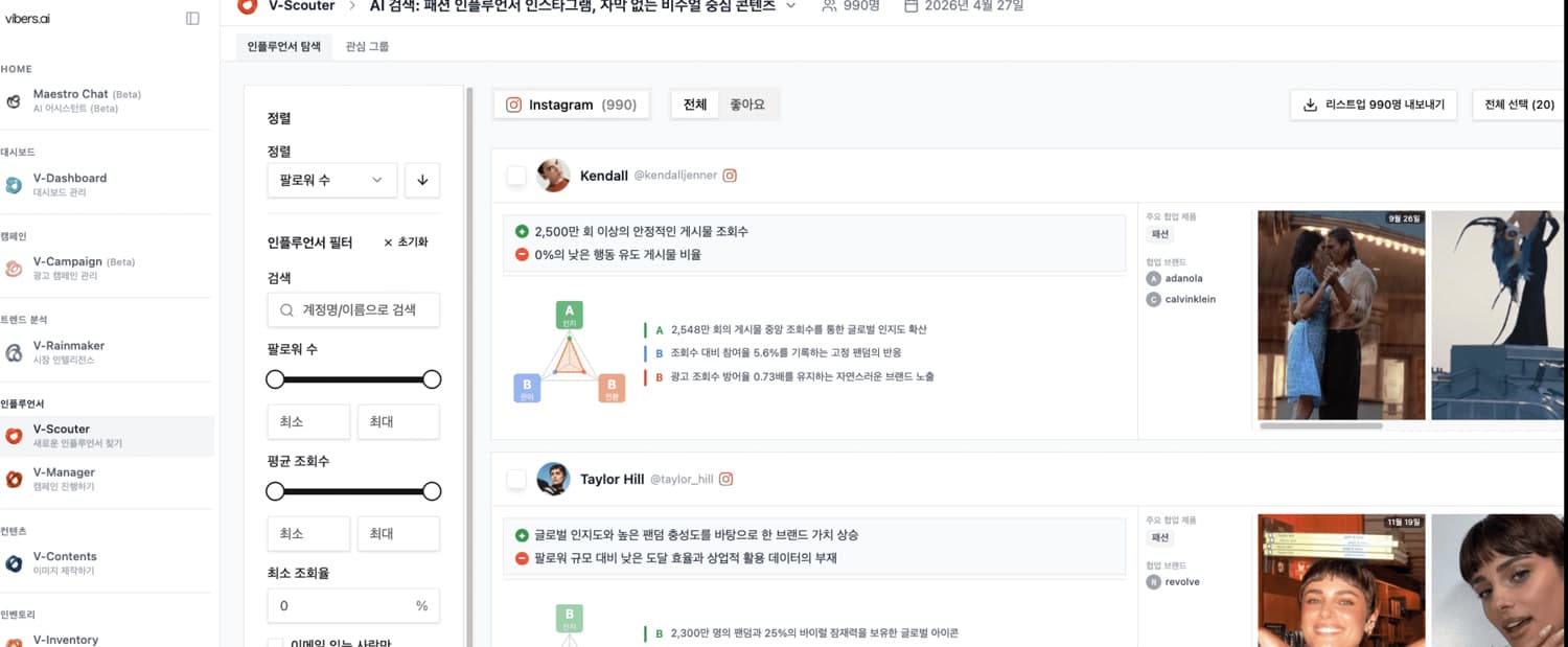 Maestro 인플루언서를 조건으로 걸러 지표와 대표 콘텐츠를 함께 보고 명단으로 내보내는 화면