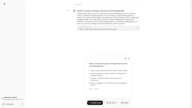 Voicenotes 말로 남긴 메모가 글로 옮겨지고 그 아래 요점이 정리돼 붙는 화면