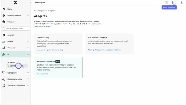 Zendesk AI 관리자 화면에서 메시지용과 메일·웹폼용 AI 에이전트를 나눠 설정하는 화면